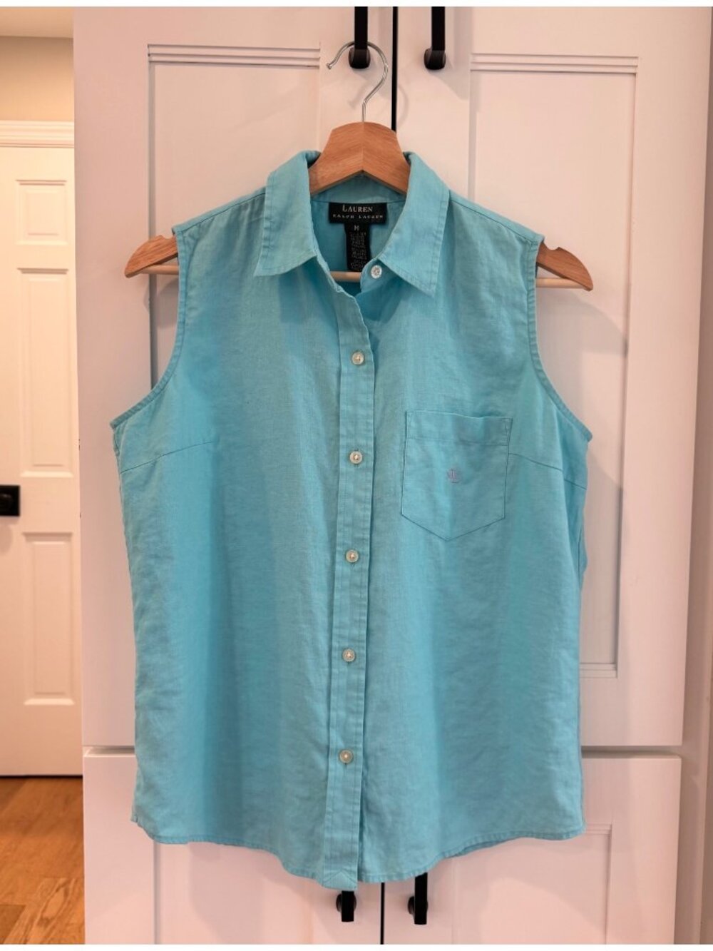 Vtg Ralph Lauren Linen Sleeveless Blouse Shirt Turquoise Blue Womens Medium